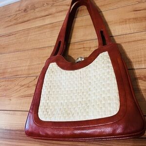 Women's Rustic Orange Leather Shoulder Bag with Cream Woven Panel
